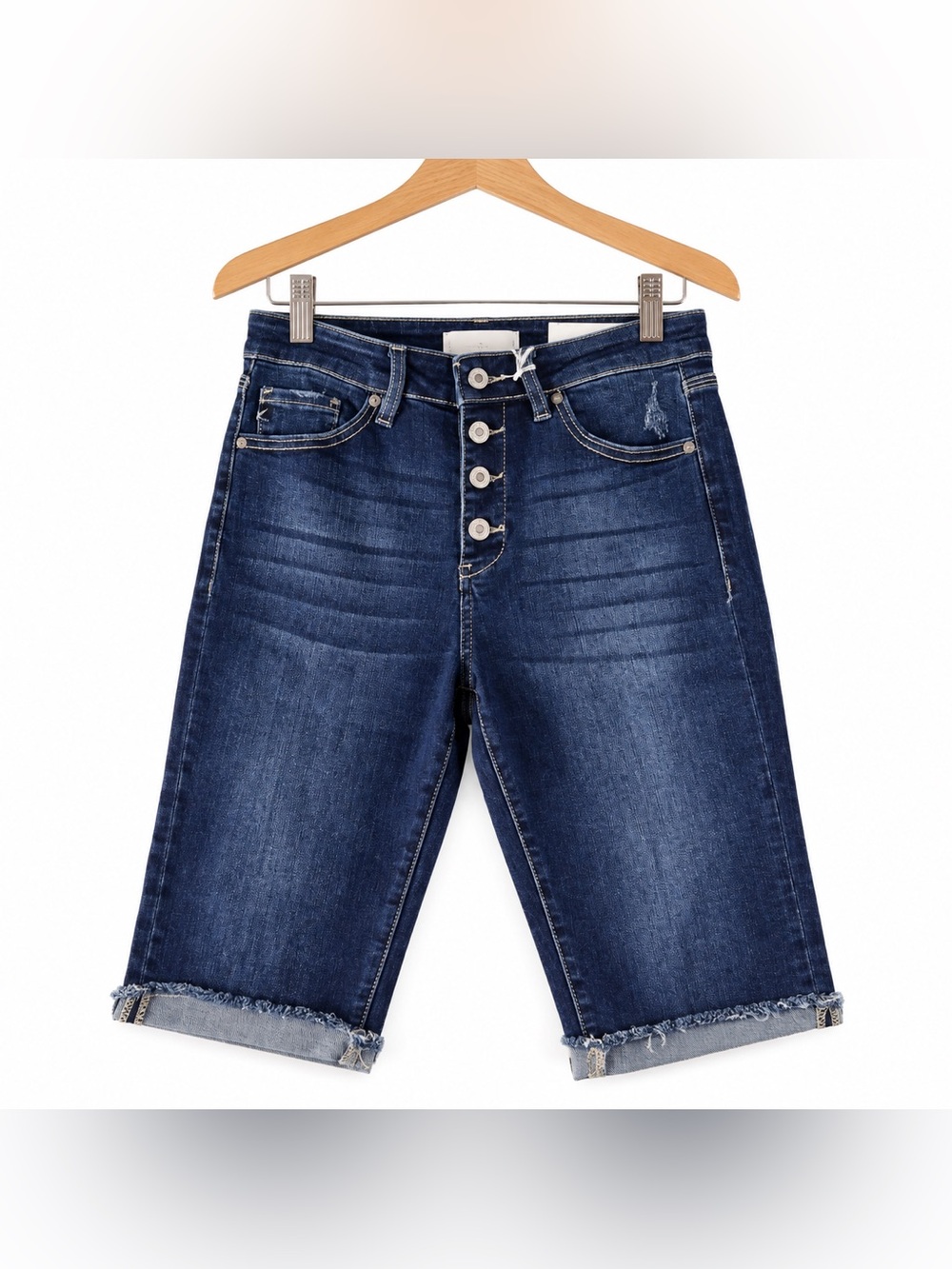 KanCan Dark Wash Denim Bermuda Shorts Size 7 Button Fly Frayed Hem NWT